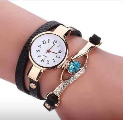 3 PCS Eye Shape Gemstone Bracelet Watch for Women (Black)